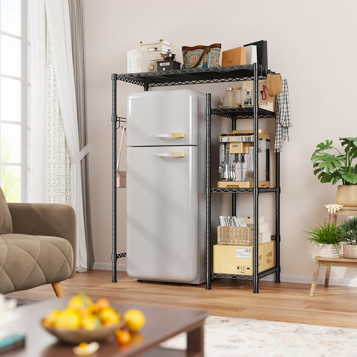 Mini Fridge Shelf with Storage, 2-Tier Adjustable Metal Shelving Unit with 8 Hooks,176 LBS Heavy Duty Organizer Rack for Dorm Room,Apartment, Kitchen and Office,52.36" H x 26.38" W x 18.1" D