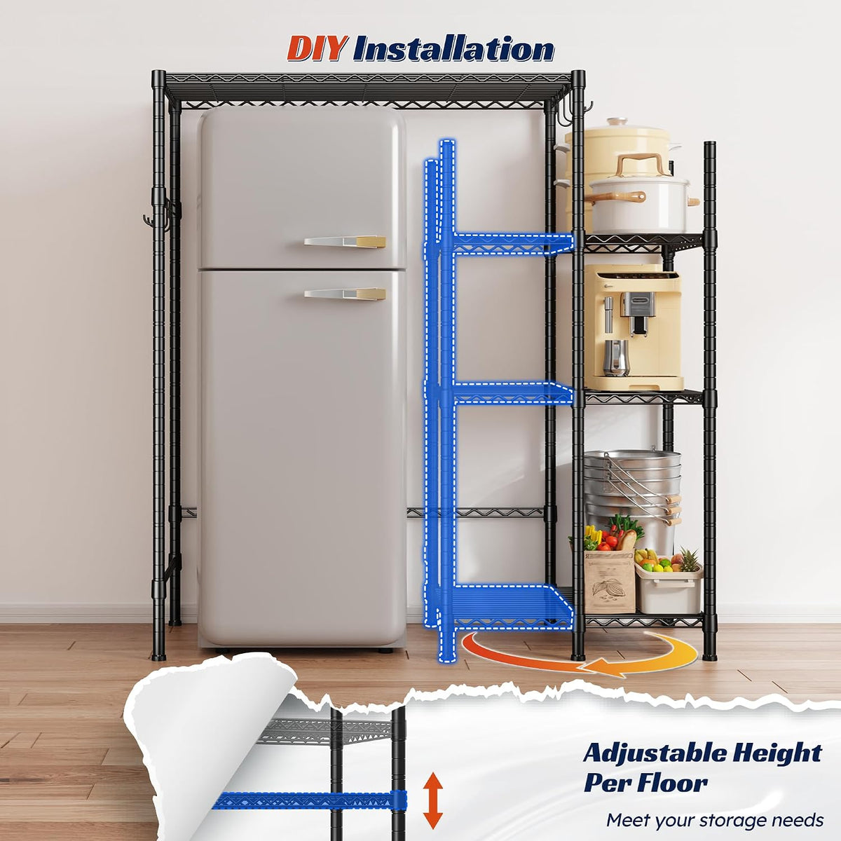 Mini Fridge Shelf with Storage, 2-Tier Adjustable Metal Shelving Unit with 8 Hooks,176 LBS Heavy Duty Organizer Rack for Dorm Room,Apartment, Kitchen and Office,52.36" H x 26.38" W x 18.1" D