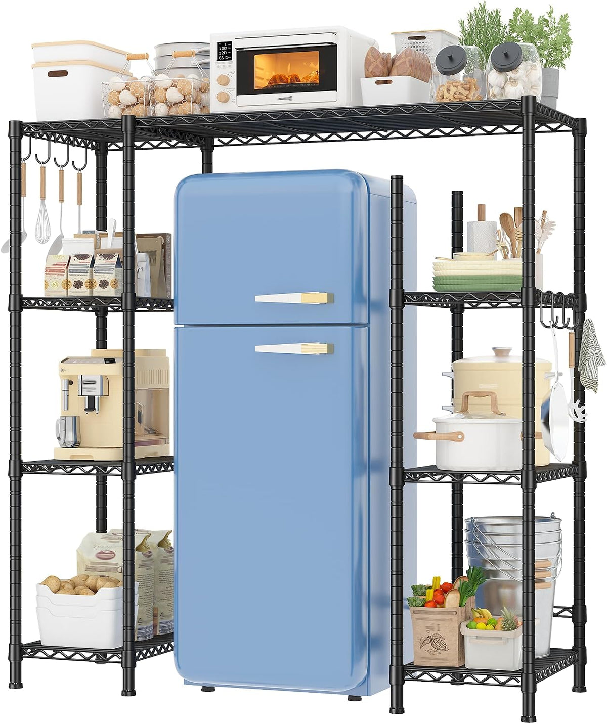 Mini Fridge Shelf with Storage, 2-Tier Adjustable Metal Shelving Unit with 8 Hooks,176 LBS Heavy Duty Organizer Rack for Dorm Room,Apartment, Kitchen and Office,52.36" H x 26.38" W x 18.1" D