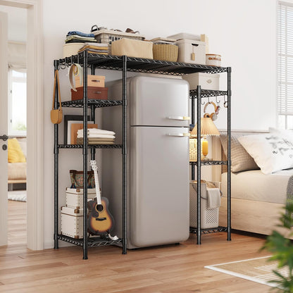 Mini Fridge Shelf with Storage, 2-Tier Adjustable Metal Shelving Unit with 8 Hooks,176 LBS Heavy Duty Organizer Rack for Dorm Room,Apartment, Kitchen and Office,52.36" H x 26.38" W x 18.1" D