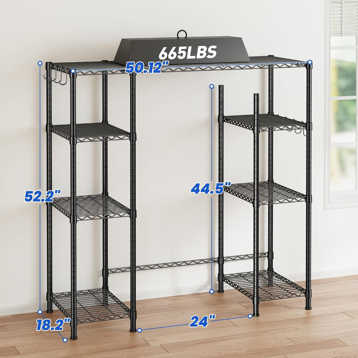 Mini Fridge Shelf with Storage, 2-Tier Adjustable Metal Shelving Unit with 8 Hooks,176 LBS Heavy Duty Organizer Rack for Dorm Room,Apartment, Kitchen and Office,52.36" H x 26.38" W x 18.1" D