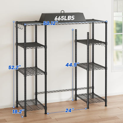 Mini Fridge Shelf with Storage, 2-Tier Adjustable Metal Shelving Unit with 8 Hooks,176 LBS Heavy Duty Organizer Rack for Dorm Room,Apartment, Kitchen and Office,52.36" H x 26.38" W x 18.1" D