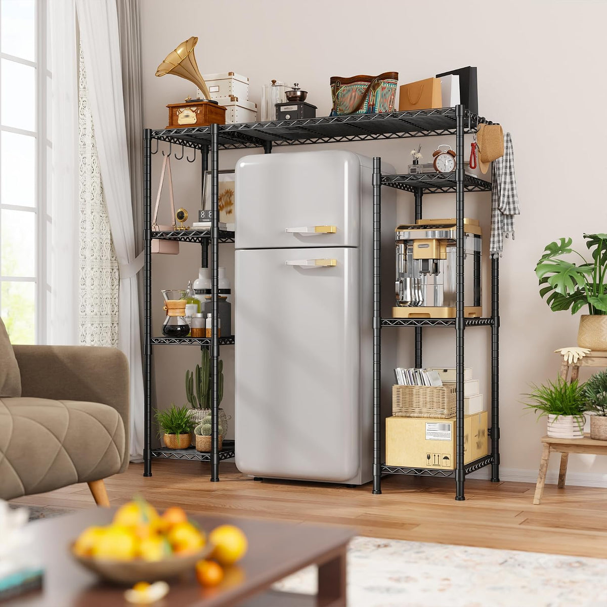 Mini Fridge Shelf with Storage, 2-Tier Adjustable Metal Shelving Unit with 8 Hooks,176 LBS Heavy Duty Organizer Rack for Dorm Room,Apartment, Kitchen and Office,52.36" H x 26.38" W x 18.1" D