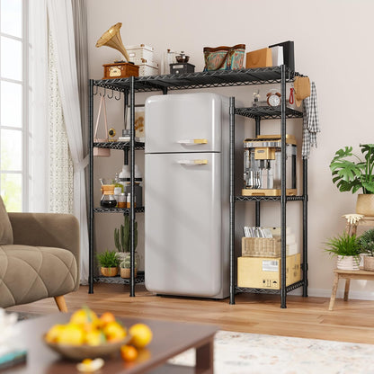 Mini Fridge Shelf with Storage, 2-Tier Adjustable Metal Shelving Unit with 8 Hooks,176 LBS Heavy Duty Organizer Rack for Dorm Room,Apartment, Kitchen and Office,52.36" H x 26.38" W x 18.1" D
