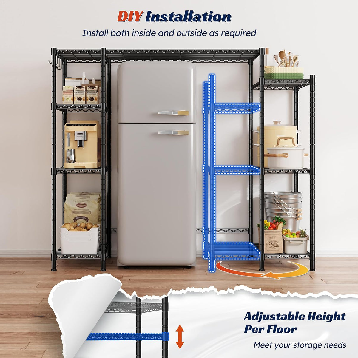 Mini Fridge Shelf with Storage, 2-Tier Adjustable Metal Shelving Unit with 8 Hooks,176 LBS Heavy Duty Organizer Rack for Dorm Room,Apartment, Kitchen and Office,52.36" H x 26.38" W x 18.1" D