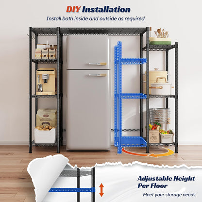 Mini Fridge Shelf with Storage, 2-Tier Adjustable Metal Shelving Unit with 8 Hooks,176 LBS Heavy Duty Organizer Rack for Dorm Room,Apartment, Kitchen and Office,52.36" H x 26.38" W x 18.1" D