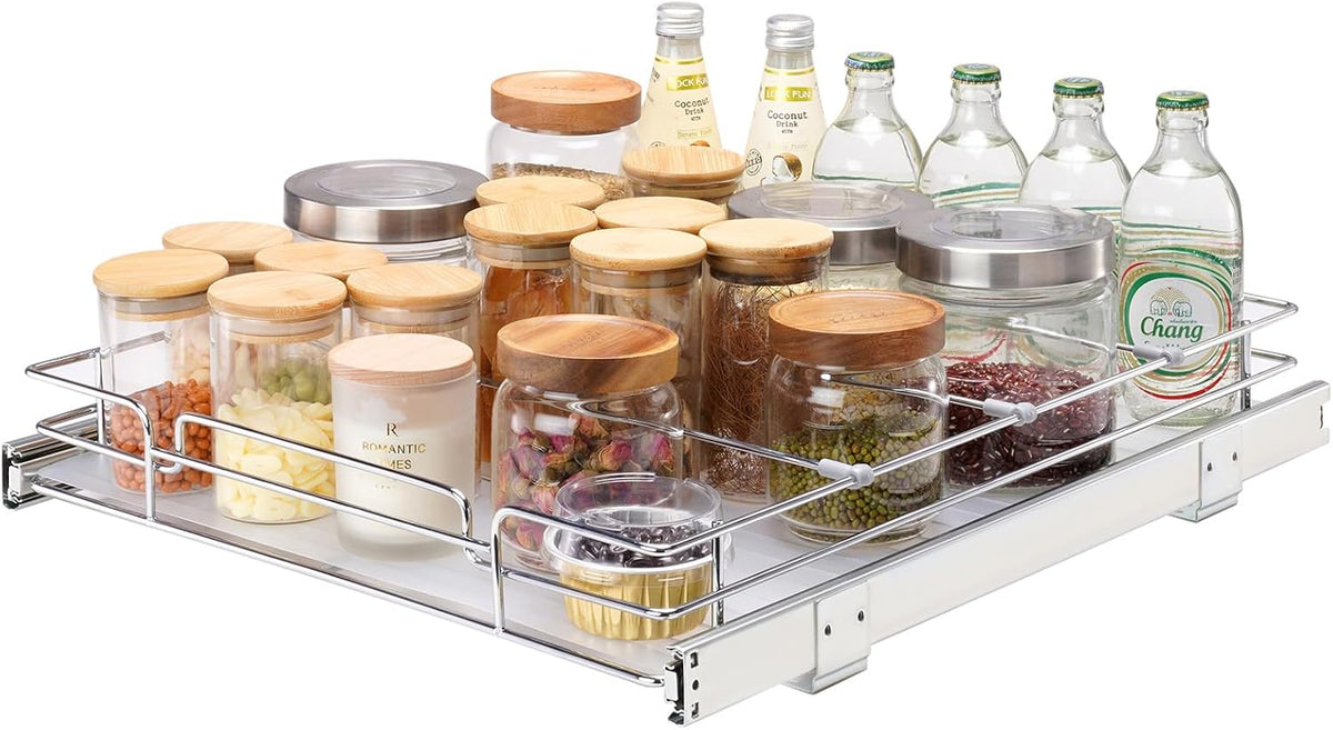 18.5"Wx21"Dx3.5"H Pull Out Cabinet Organizer, Heavy Duty Slide Out Pantry Shelves, Chrome-Plated Steel Roll Out Drawer, Drawer Storage for Home Under Sink, 20"Wx22"Dx7"H Install Size for Cabinet