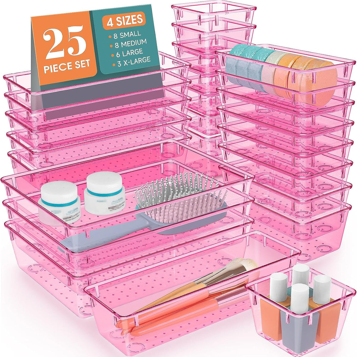 25 PCS Clear Plastic Drawer Organizer, Makeup Organizers and Storage Bins