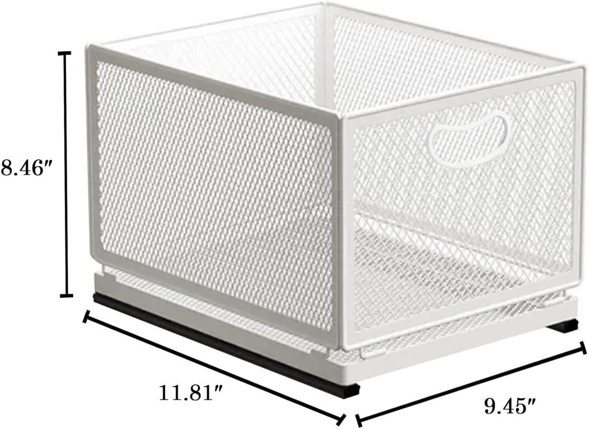 Sliding Cabinet Basket Organizer Drawer Self Adhesive Slide out Pantry Shelves Heavy Duty Carbon Steel Slide Cabinet Storage Basket with Handle for Bathroom Kitchen Home