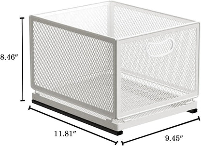 Sliding Cabinet Basket Organizer Drawer Self Adhesive Slide out Pantry Shelves Heavy Duty Carbon Steel Slide Cabinet Storage Basket with Handle for Bathroom Kitchen Home