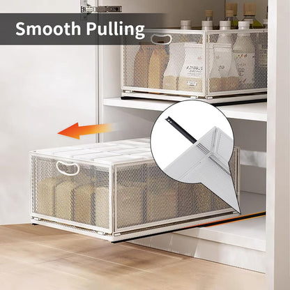 Sliding Cabinet Basket Organizer Drawer Self Adhesive Slide out Pantry Shelves Heavy Duty Carbon Steel Slide Cabinet Storage Basket with Handle for Bathroom Kitchen Home