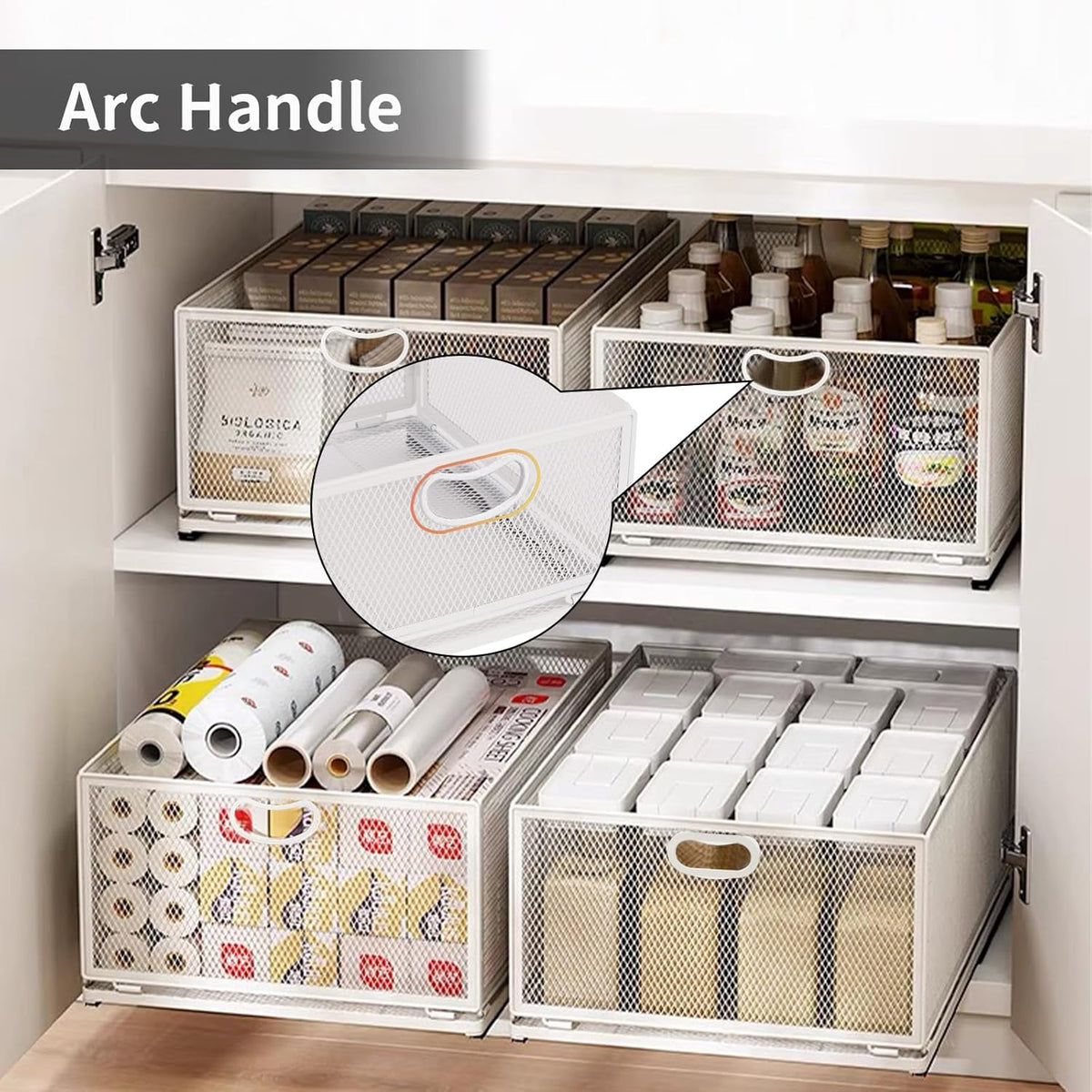 Sliding Cabinet Basket Organizer Drawer Self Adhesive Slide out Pantry Shelves Heavy Duty Carbon Steel Slide Cabinet Storage Basket with Handle for Bathroom Kitchen Home