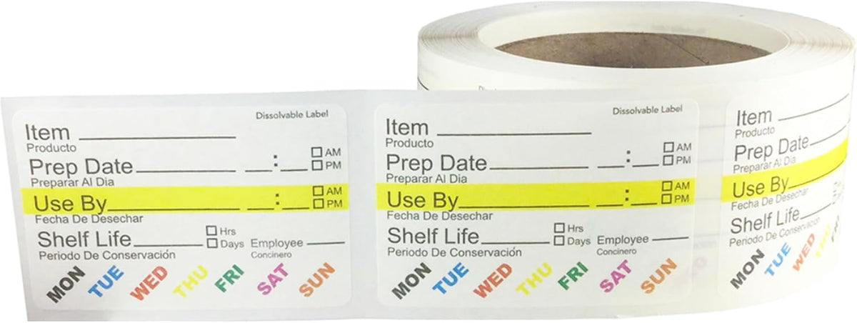 Dissolvable Food Rotation Labels, 2 x 3 Inch, 500 Labels | Rotation food stickers for kitchen and restaurant supplies, jars, containers, freezer storage, prep stations, and catering