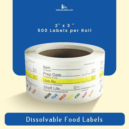 Dissolvable Food Rotation Labels, 2 x 3 Inch, 500 Labels | Rotation food stickers for kitchen and restaurant supplies, jars, containers, freezer storage, prep stations, and catering