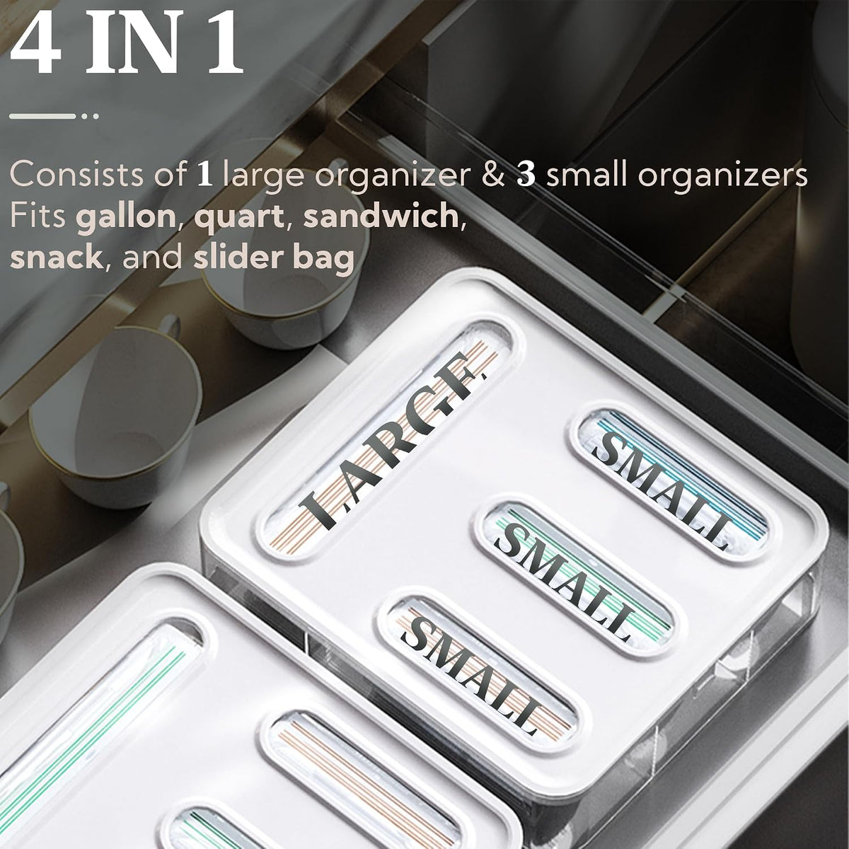 Kitchen Storage Bag Organizer, Acrylic Baggie organizer for Drawer, Plastic Bag Organizer complicate with Gallon, Quart, Sandwich, Snack, and Slider Bags (Acrylic)