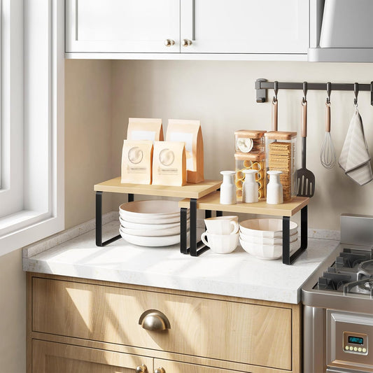 Cabinet Organizer Shelf, Set of 2, Kitchen Countertop Organizer, Kitchen Countertop Shelf, Spice Rack for Counter, Stackable, Expandable for Cabinet, Kitchen, Natural and Black BN33TL01
