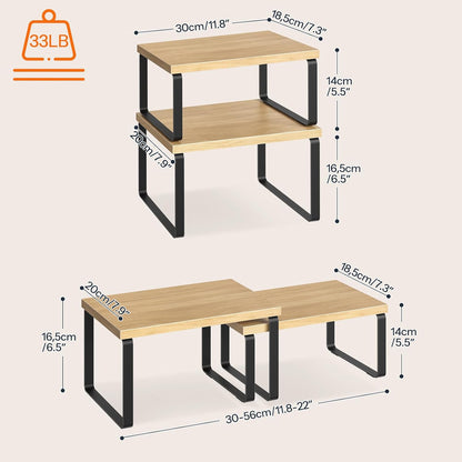 Cabinet Organizer Shelf, Set of 2, Kitchen Countertop Organizer, Kitchen Countertop Shelf, Spice Rack for Counter, Stackable, Expandable for Cabinet, Kitchen, Natural and Black BN33TL01