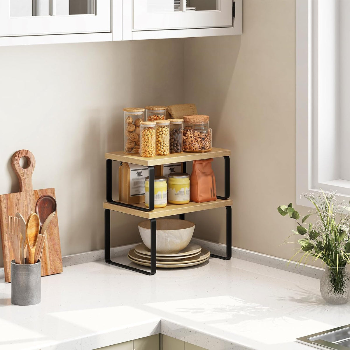 Cabinet Organizer Shelf, Set of 2, Kitchen Countertop Organizer, Kitchen Countertop Shelf, Spice Rack for Counter, Stackable, Expandable for Cabinet, Kitchen, Natural and Black BN33TL01