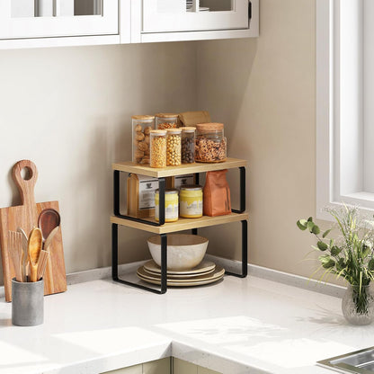 Cabinet Organizer Shelf, Set of 2, Kitchen Countertop Organizer, Kitchen Countertop Shelf, Spice Rack for Counter, Stackable, Expandable for Cabinet, Kitchen, Natural and Black BN33TL01