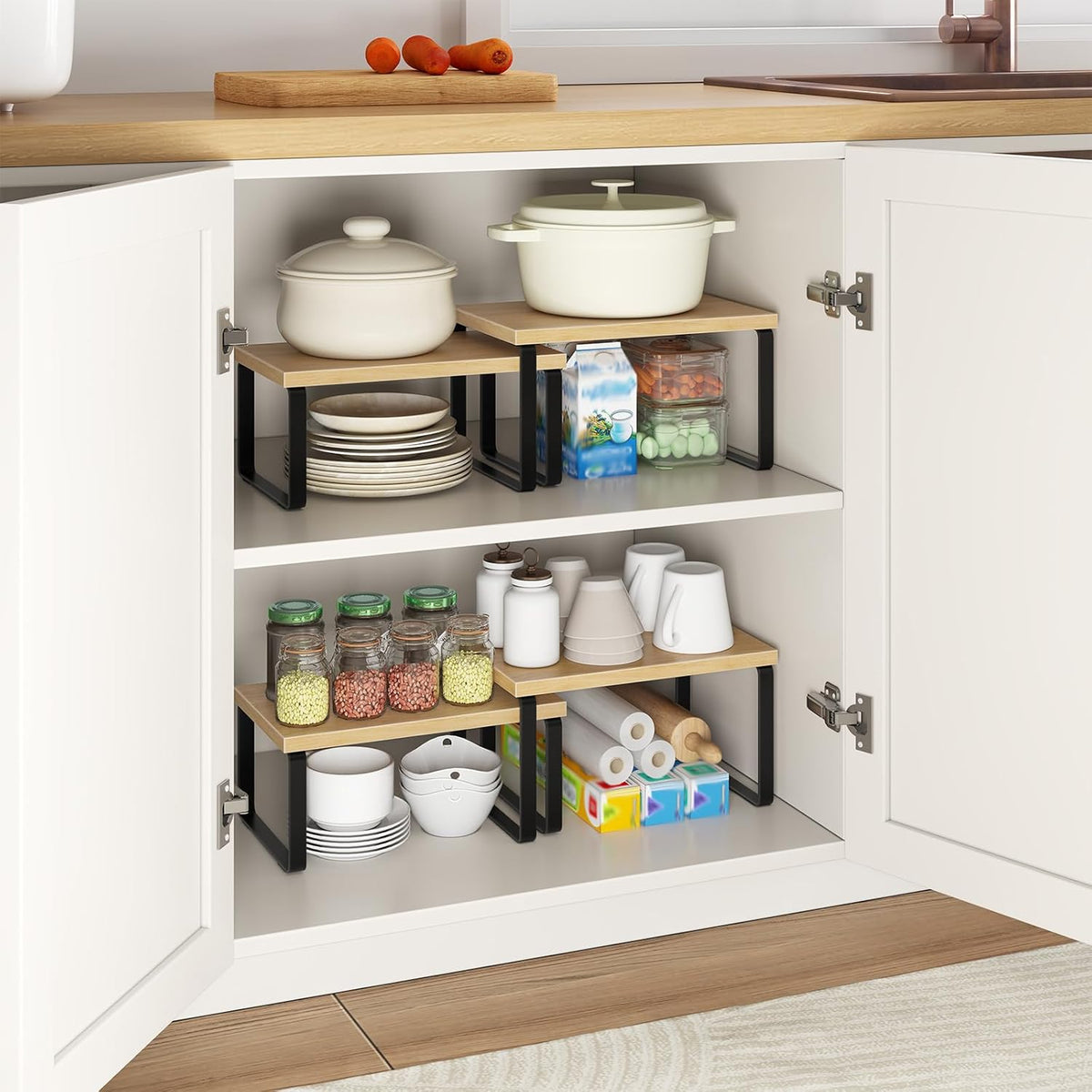 Cabinet Organizer Shelf, Set of 2, Kitchen Countertop Organizer, Kitchen Countertop Shelf, Spice Rack for Counter, Stackable, Expandable for Cabinet, Kitchen, Natural and Black BN33TL01