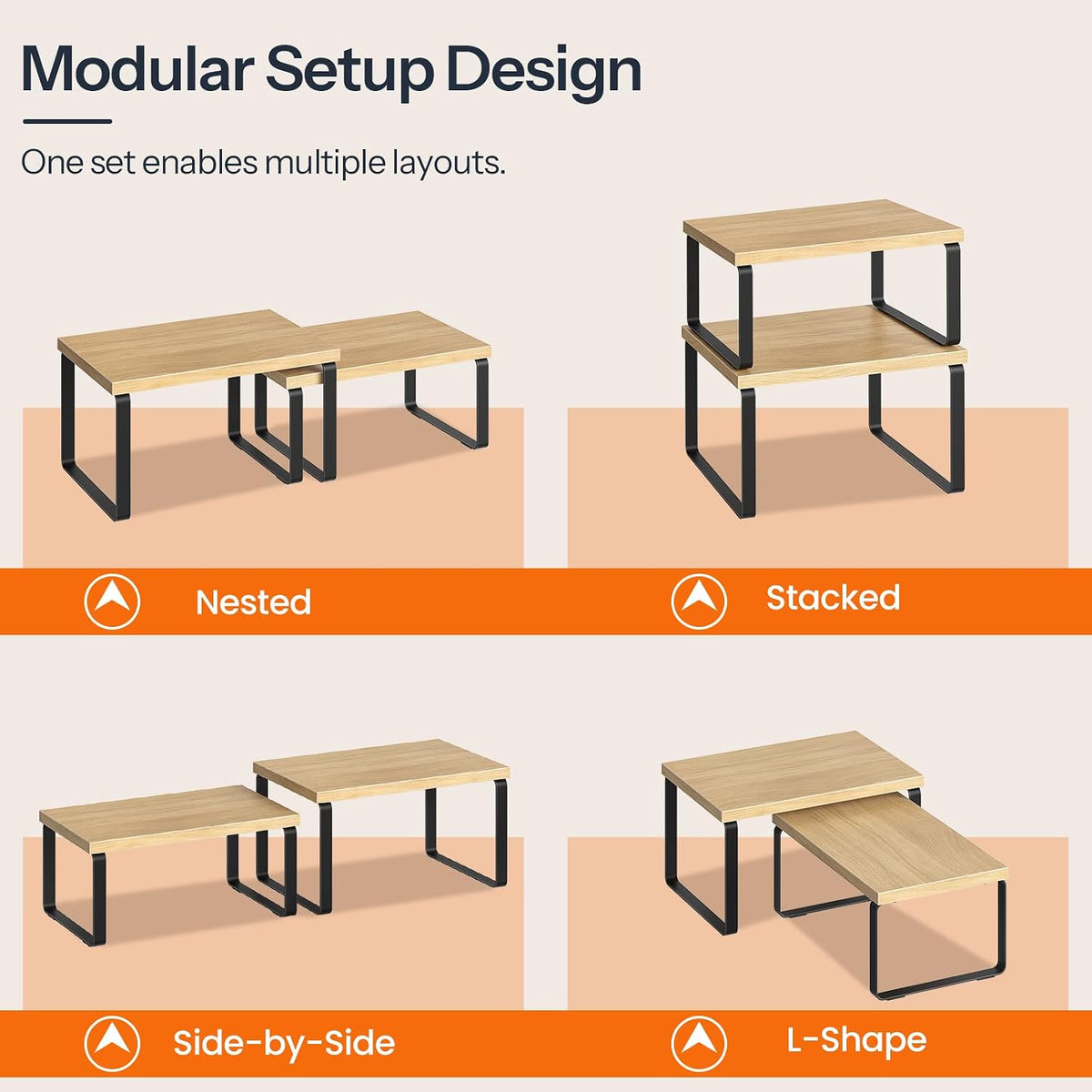 Cabinet Organizer Shelf, Set of 2, Kitchen Countertop Organizer, Kitchen Countertop Shelf, Spice Rack for Counter, Stackable, Expandable for Cabinet, Kitchen, Natural and Black BN33TL01