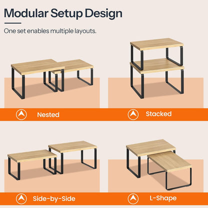 Cabinet Organizer Shelf, Set of 2, Kitchen Countertop Organizer, Kitchen Countertop Shelf, Spice Rack for Counter, Stackable, Expandable for Cabinet, Kitchen, Natural and Black BN33TL01