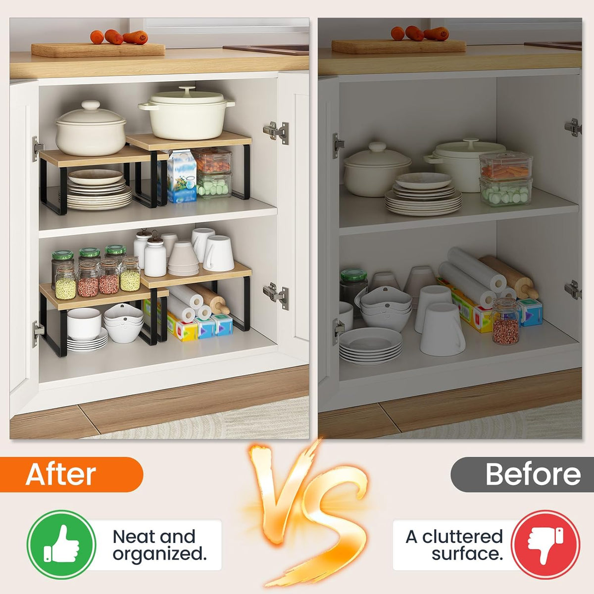 Cabinet Organizer Shelf, Set of 2, Kitchen Countertop Organizer, Kitchen Countertop Shelf, Spice Rack for Counter, Stackable, Expandable for Cabinet, Kitchen, Natural and Black BN33TL01