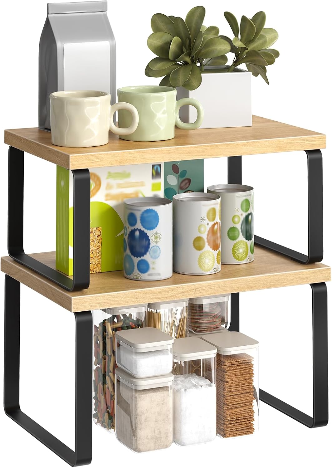 Cabinet Organizer Shelf, Set of 2, Kitchen Countertop Organizer, Kitchen Countertop Shelf, Spice Rack for Counter, Stackable, Expandable for Cabinet, Kitchen, Natural and Black BN33TL01