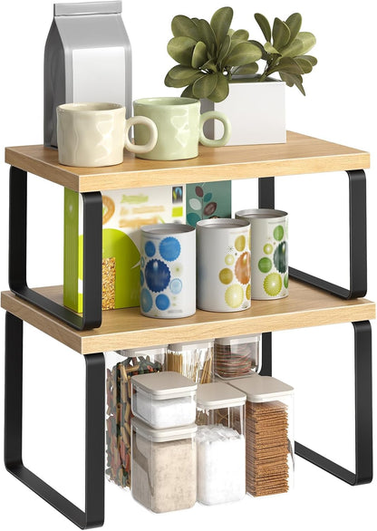 Cabinet Organizer Shelf, Set of 2, Kitchen Countertop Organizer, Kitchen Countertop Shelf, Spice Rack for Counter, Stackable, Expandable for Cabinet, Kitchen, Natural and Black BN33TL01