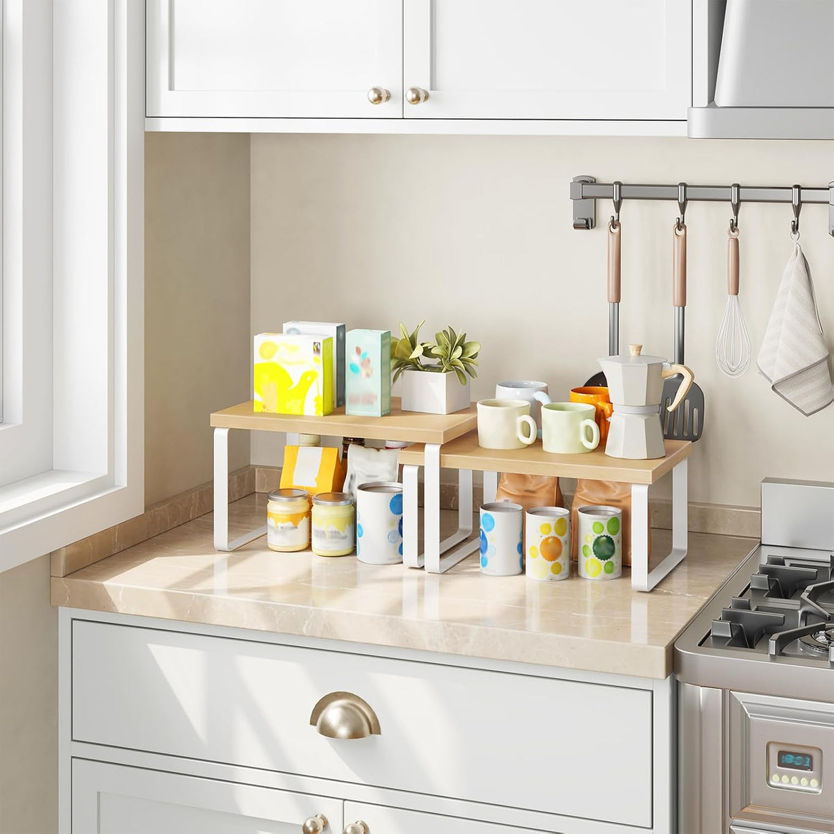 Cabinet Organizer Shelf, Set of 2, Kitchen Countertop Organizer, Kitchen Countertop Shelf, Spice Rack for Counter, Stackable, Expandable for Cabinet, Kitchen, Natural and Black BN33TL01