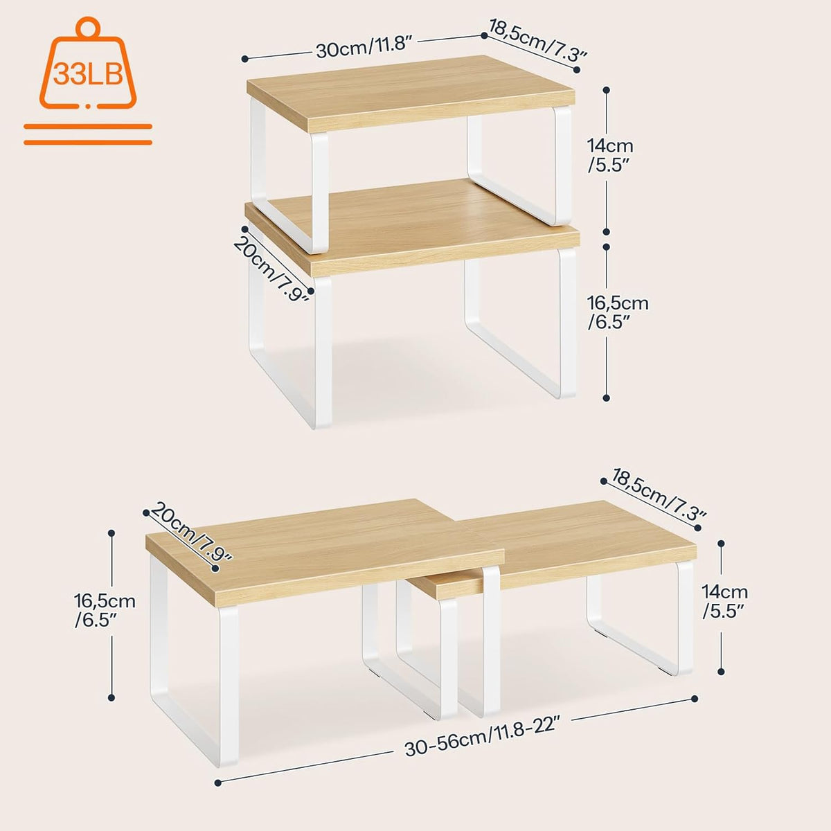 Cabinet Organizer Shelf, Set of 2, Kitchen Countertop Organizer, Kitchen Countertop Shelf, Spice Rack for Counter, Stackable, Expandable for Cabinet, Kitchen, Natural and Black BN33TL01