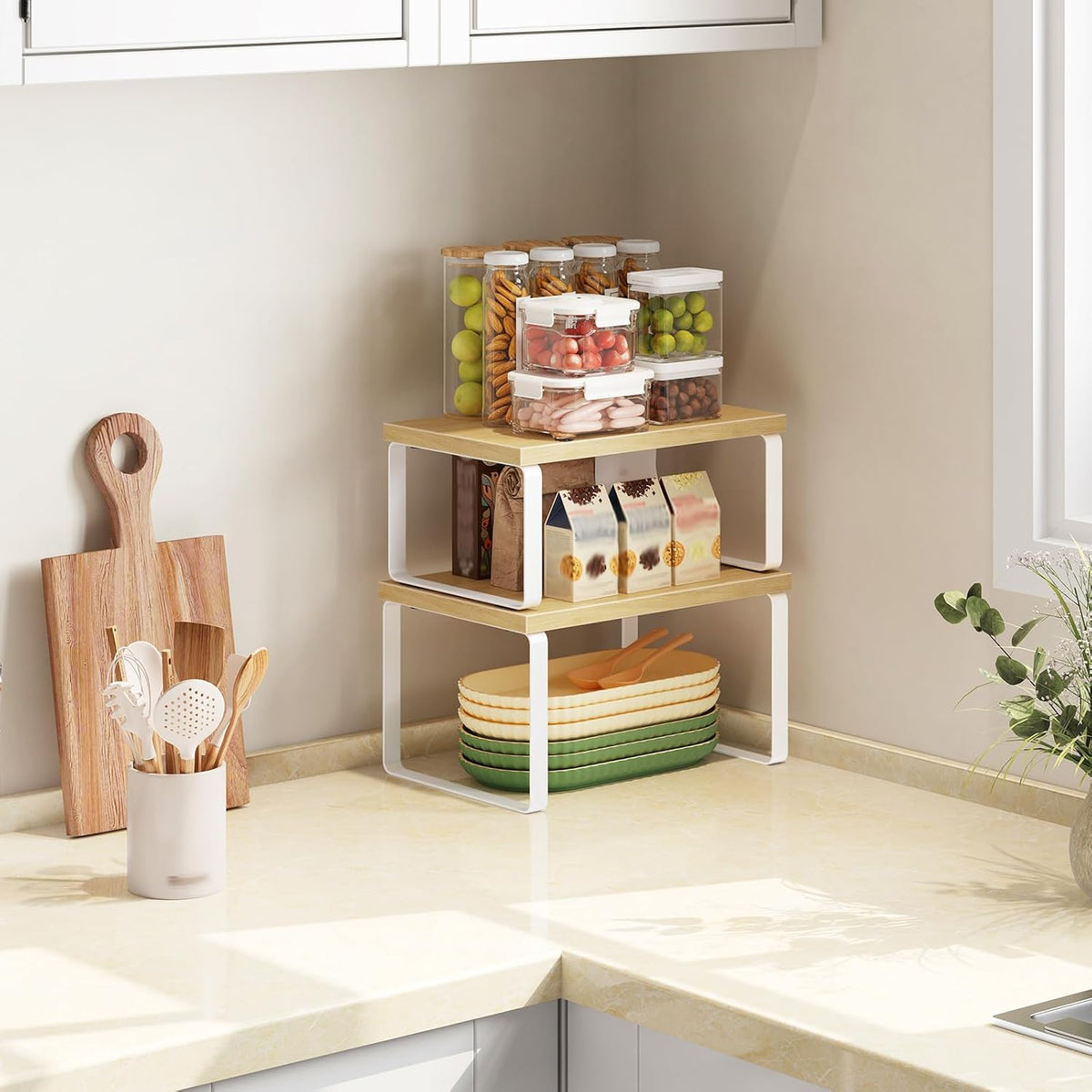 Cabinet Organizer Shelf, Set of 2, Kitchen Countertop Organizer, Kitchen Countertop Shelf, Spice Rack for Counter, Stackable, Expandable for Cabinet, Kitchen, Natural and Black BN33TL01