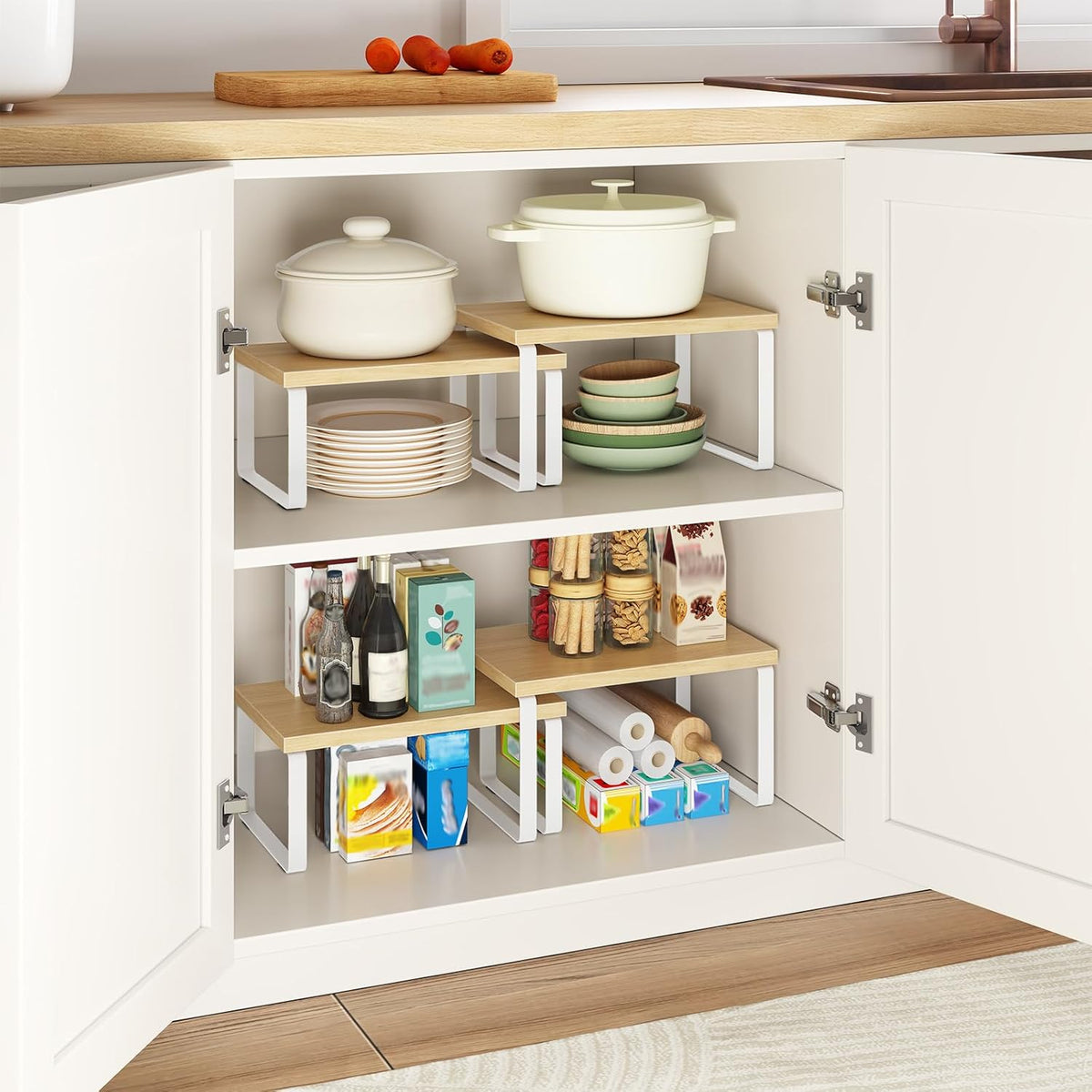 Cabinet Organizer Shelf, Set of 2, Kitchen Countertop Organizer, Kitchen Countertop Shelf, Spice Rack for Counter, Stackable, Expandable for Cabinet, Kitchen, Natural and Black BN33TL01
