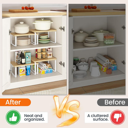 Cabinet Organizer Shelf, Set of 2, Kitchen Countertop Organizer, Kitchen Countertop Shelf, Spice Rack for Counter, Stackable, Expandable for Cabinet, Kitchen, Natural and Black BN33TL01