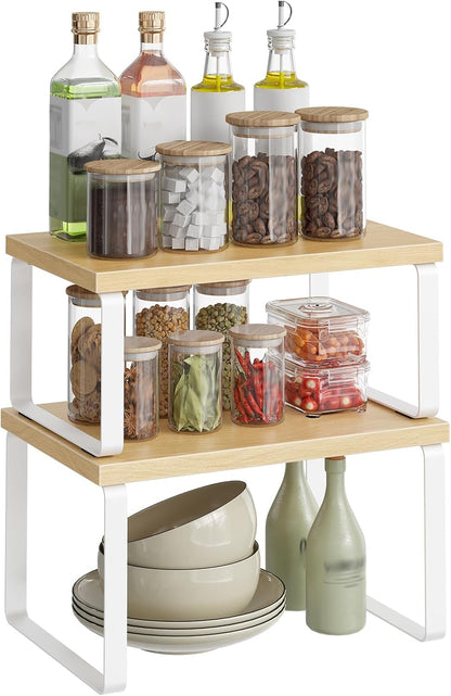 Cabinet Organizer Shelf, Set of 2, Kitchen Countertop Organizer, Kitchen Countertop Shelf, Spice Rack for Counter, Stackable, Expandable for Cabinet, Kitchen, Natural and Black BN33TL01