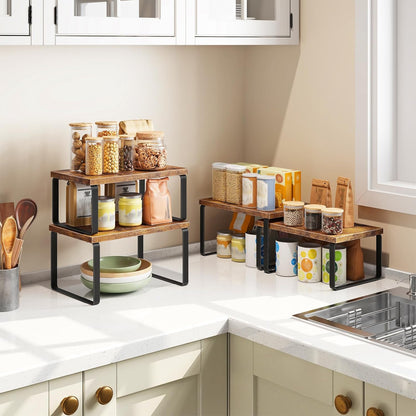Cabinet Organizer Shelf, Set of 2, Kitchen Countertop Organizer, Kitchen Countertop Shelf, Spice Rack for Counter, Stackable, Expandable for Cabinet, Kitchen, Natural and Black BN33TL01