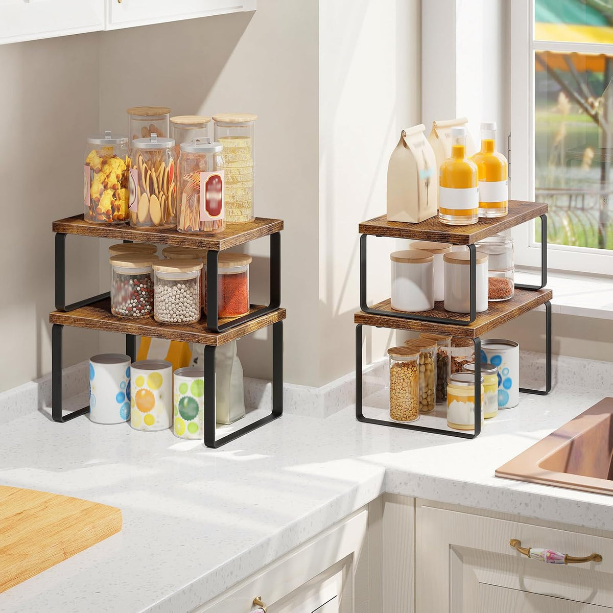 Cabinet Organizer Shelf, Set of 2, Kitchen Countertop Organizer, Kitchen Countertop Shelf, Spice Rack for Counter, Stackable, Expandable for Cabinet, Kitchen, Natural and Black BN33TL01