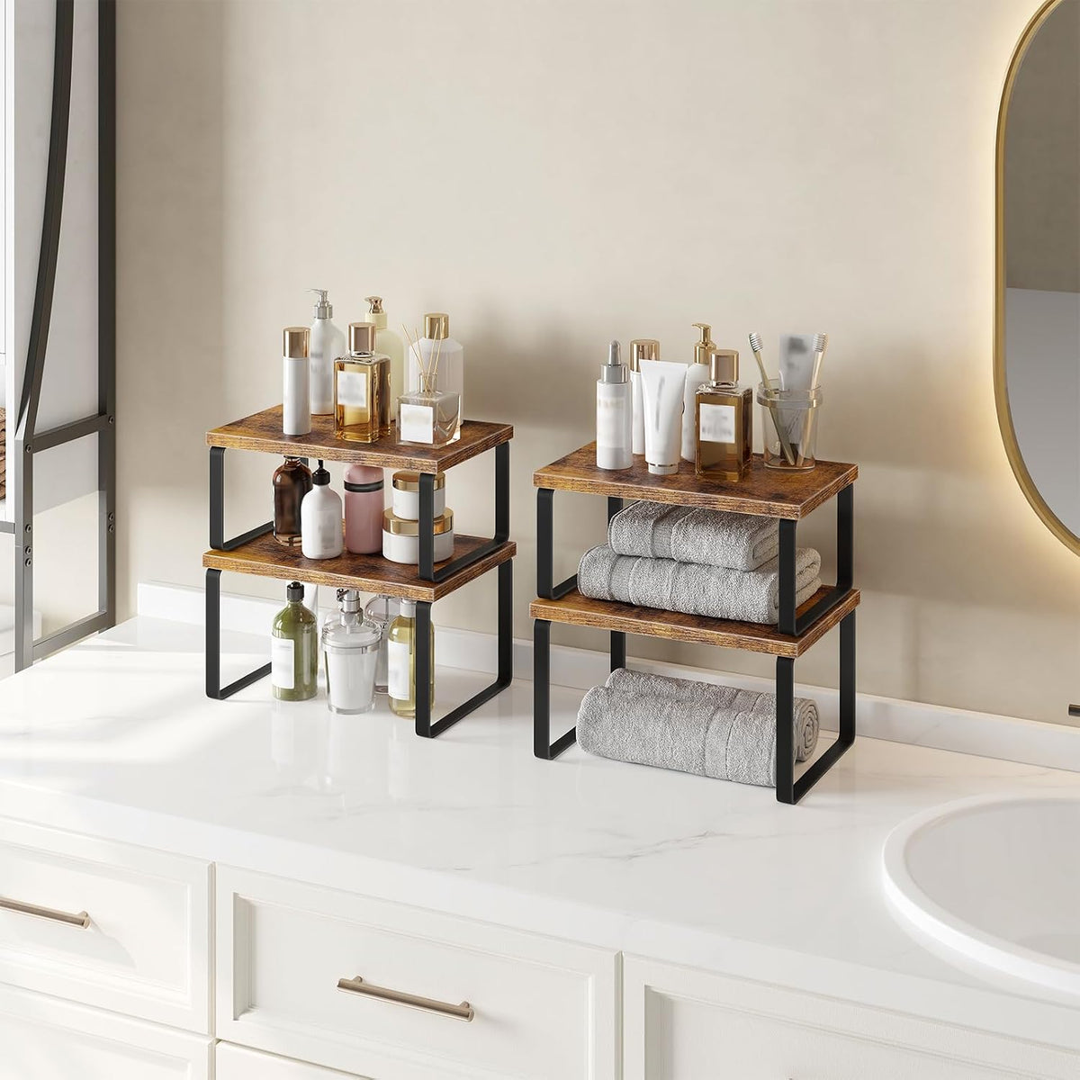 Cabinet Organizer Shelf, Set of 2, Kitchen Countertop Organizer, Kitchen Countertop Shelf, Spice Rack for Counter, Stackable, Expandable for Cabinet, Kitchen, Natural and Black BN33TL01