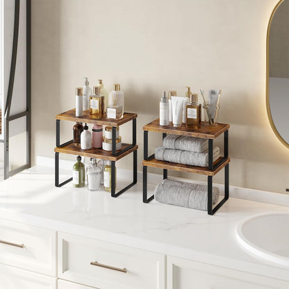 Cabinet Organizer Shelf, Set of 2, Kitchen Countertop Organizer, Kitchen Countertop Shelf, Spice Rack for Counter, Stackable, Expandable for Cabinet, Kitchen, Natural and Black BN33TL01