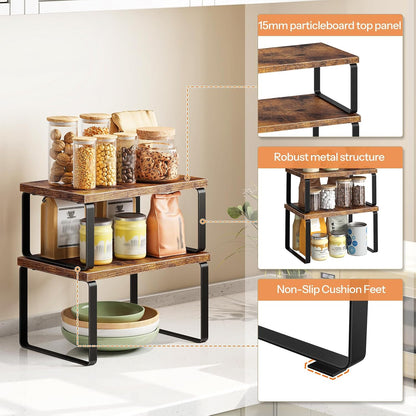Cabinet Organizer Shelf, Set of 2, Kitchen Countertop Organizer, Kitchen Countertop Shelf, Spice Rack for Counter, Stackable, Expandable for Cabinet, Kitchen, Natural and Black BN33TL01