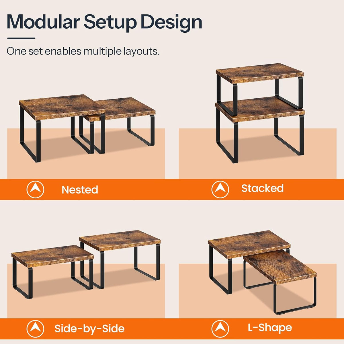 Cabinet Organizer Shelf, Set of 2, Kitchen Countertop Organizer, Kitchen Countertop Shelf, Spice Rack for Counter, Stackable, Expandable for Cabinet, Kitchen, Natural and Black BN33TL01