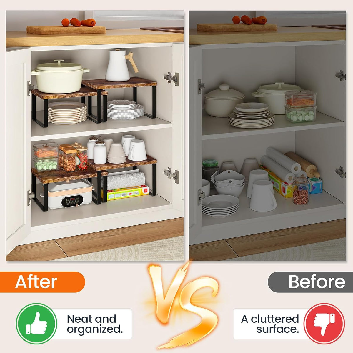 Cabinet Organizer Shelf, Set of 2, Kitchen Countertop Organizer, Kitchen Countertop Shelf, Spice Rack for Counter, Stackable, Expandable for Cabinet, Kitchen, Natural and Black BN33TL01