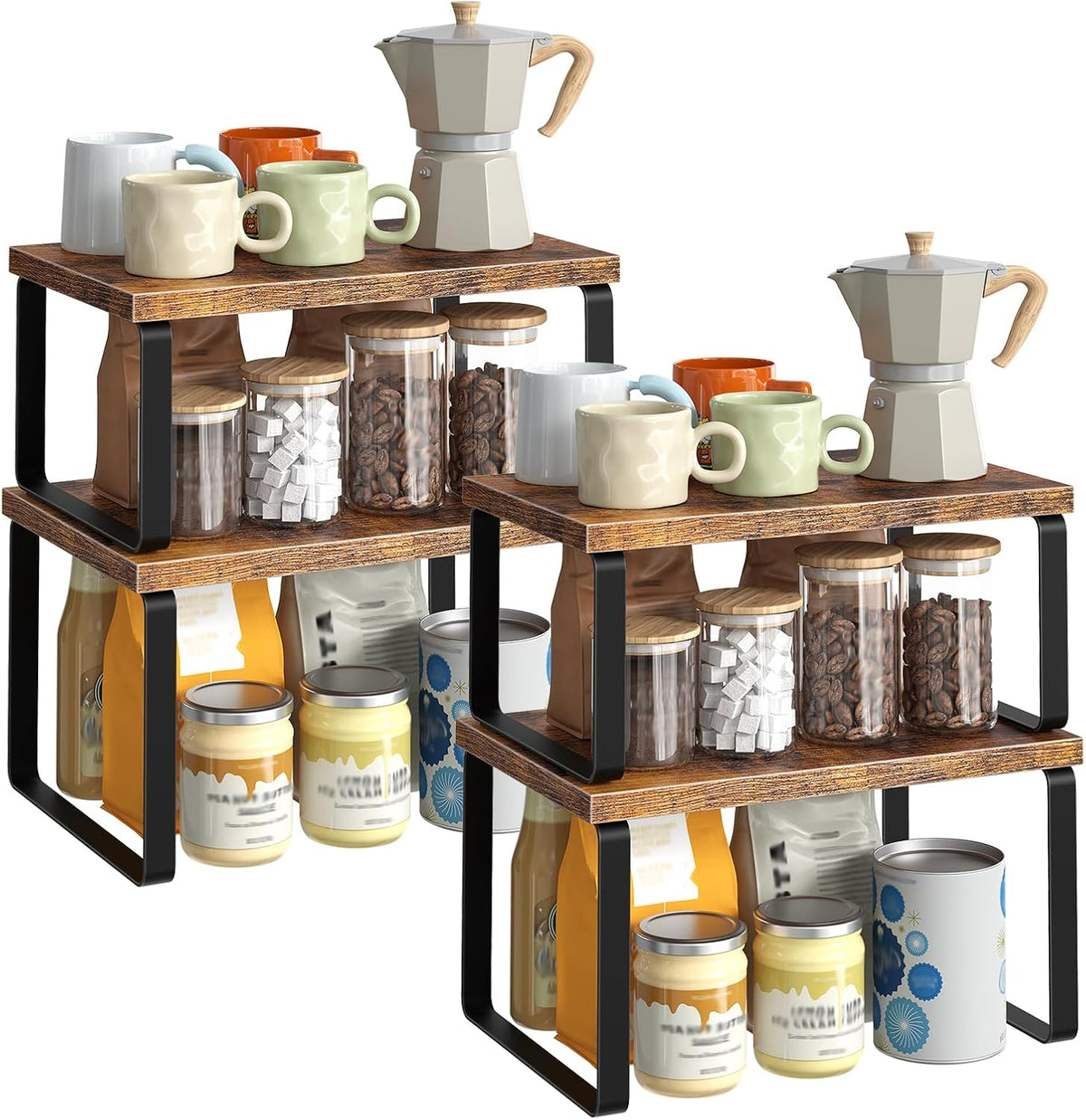 Cabinet Organizer Shelf, Set of 2, Kitchen Countertop Organizer, Kitchen Countertop Shelf, Spice Rack for Counter, Stackable, Expandable for Cabinet, Kitchen, Natural and Black BN33TL01