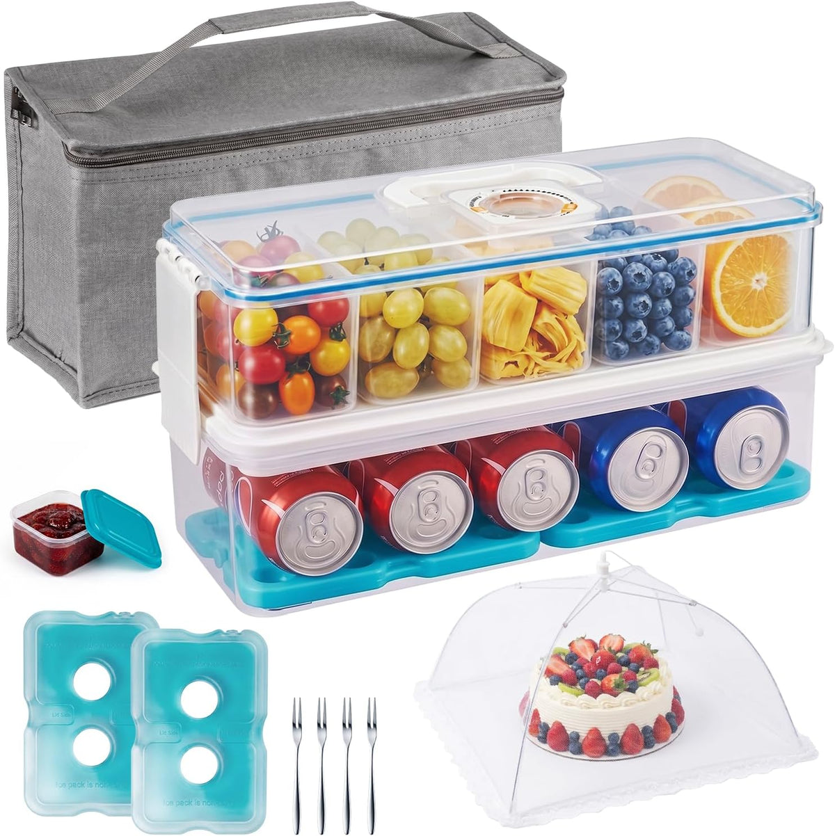 Snackle Box Container: Snack Organizer Divided Serving Tray with Ice-Pack, Portable Double-layer Tray Snackle Box for Food and Drink, Snack Platter for Travel Beach Picnic (White - 10 Tray)