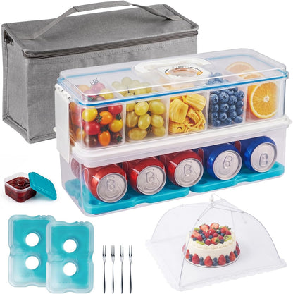 Snackle Box Container: Snack Organizer Divided Serving Tray with Ice-Pack, Portable Double-layer Tray Snackle Box for Food and Drink, Snack Platter for Travel Beach Picnic (White - 10 Tray)