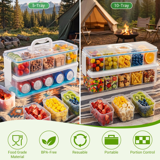 Snackle Box Container: Snack Organizer Divided Serving Tray with Ice-Pack, Portable Double-layer Tray Snackle Box for Food and Drink, Snack Platter for Travel Beach Picnic (White - 10 Tray)