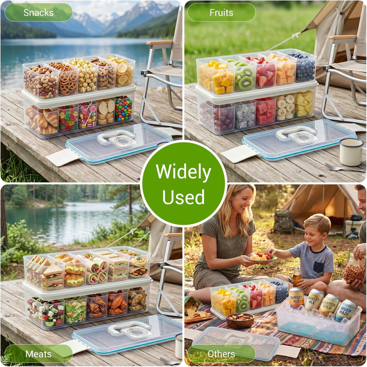 Snackle Box Container: Snack Organizer Divided Serving Tray with Ice-Pack, Portable Double-layer Tray Snackle Box for Food and Drink, Snack Platter for Travel Beach Picnic (White - 10 Tray)