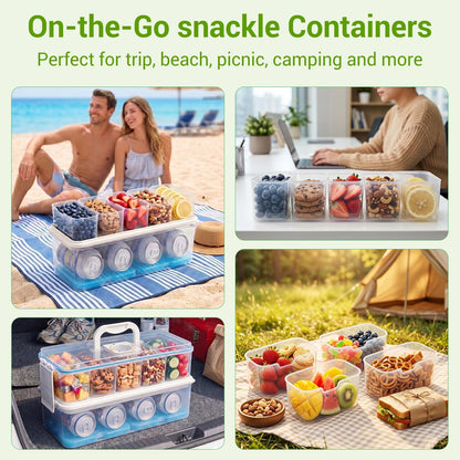 Snackle Box Container: Snack Organizer Divided Serving Tray with Ice-Pack, Portable Double-layer Tray Snackle Box for Food and Drink, Snack Platter for Travel Beach Picnic (White - 10 Tray)