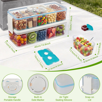 Snackle Box Container: Snack Organizer Divided Serving Tray with Ice-Pack, Portable Double-layer Tray Snackle Box for Food and Drink, Snack Platter for Travel Beach Picnic (White - 10 Tray)