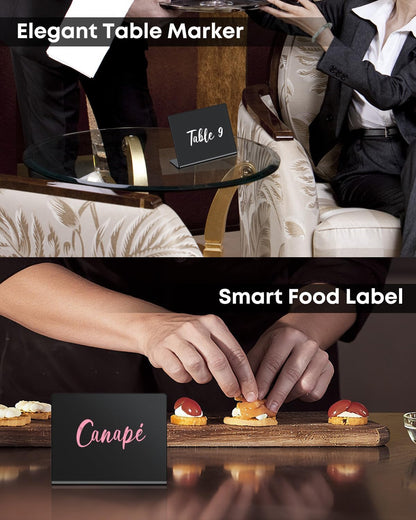 20 Pack Mini Chalkboard Signs for Party Buffet Tables | 20 reusable matte PVC mini chalkboard signs with chalk markers label food, tables and place settings for parties.
